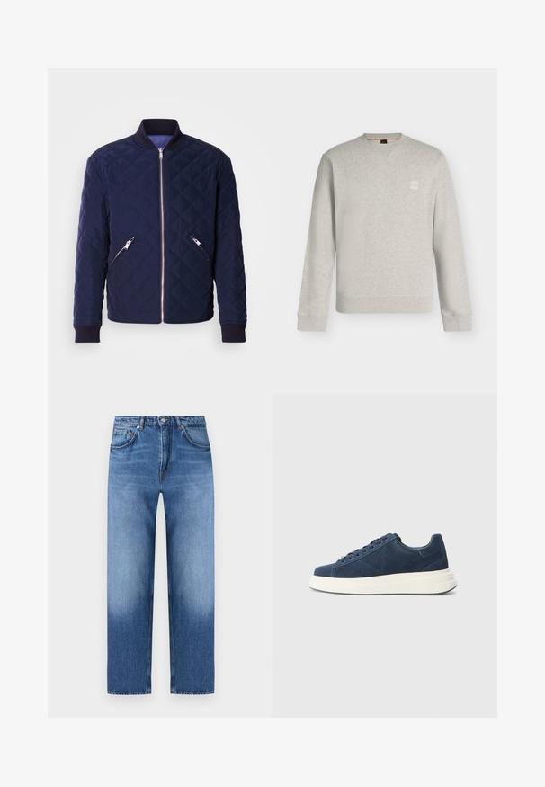 Chaqueta bomber acolchada azul marino con cremallera frontal, dos bolsillos laterales con cremallera y puños y cuello de canalé. Textura suave con patrón de rombos.; Sudadera de manga larga y cuello redondo de color gris claro, con puños y bajo acanalados, pequeño parche cuadrado con el logo en el pecho izquierdo.; Vaqueros azules de corte recto con diseño clásico de cinco bolsillos y cierre de botones, con detalles sutiles descoloridos en muslos y rodillas.; Zapatillas de ante azul marino con suela de goma blanca, que cuentan con seis ojales, un forro texturizado y un diseño minimalista con sutiles detalles de costura.