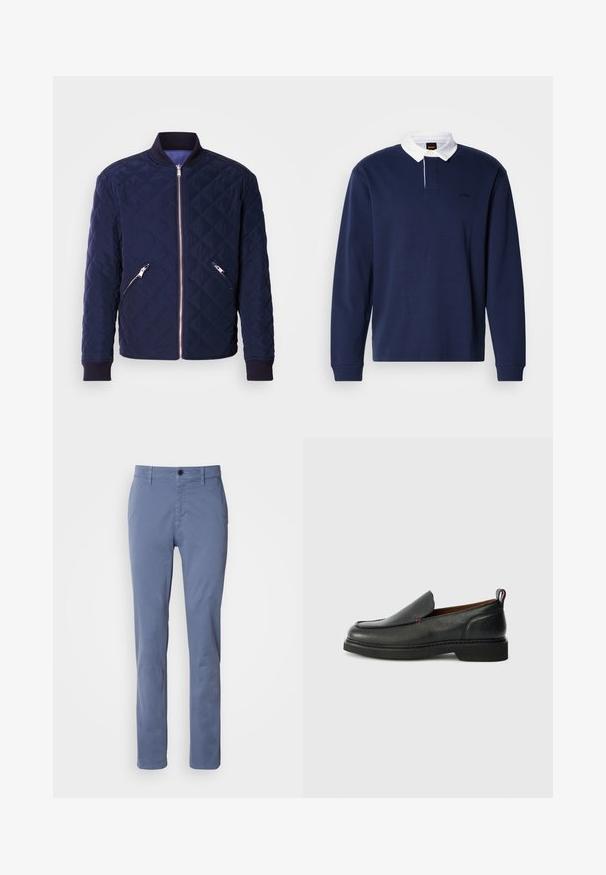 Chaqueta bomber acolchada azul marino con cremallera frontal, dos bolsillos laterales con cremallera y puños y cuello de canalé. Textura suave con patrón de rombos.; Polo azul marino de manga larga con cuello blanco, tapeta de botones y logo bordado. Material de algodón suave, ajuste relajado y puños acanalados.; Pantalones rectos azules con cierre de botón y cremallera, trabillas para cinturón y bolsillos frontales, exhibidos sobre un fondo blanco.; Zapato negro de cuero tipo mocasín con punta redondeada, parte superior texturizada, costuras rojas en contraste y un tacón bajo. Cuenta con una tira de agarre en la parte posterior.