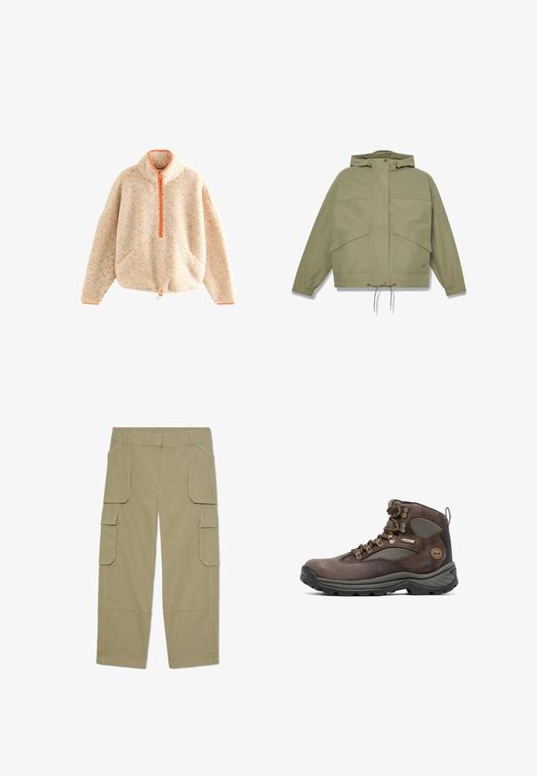 Veste à capuche vert olive clair avec fermeture éclair sur le devant, poches à rabat, poignets élastiques et ourlet réglable par cordon.; Pull-over beige flou avec zip orange, col montant, deux poches avant et ourlet à cordon. Texture douce avec des détails mouchetés.; Pantalon cargo kaki avec plusieurs poches à rabat à l’avant et sur les côtés, coupe droite et passants de ceinture à la taille.; Botte de randonnée marron avec tige en cuir et en mesh, semelle en caoutchouc, œillets en métal et patch de marque. Conçue pour la durabilité et le soutien.