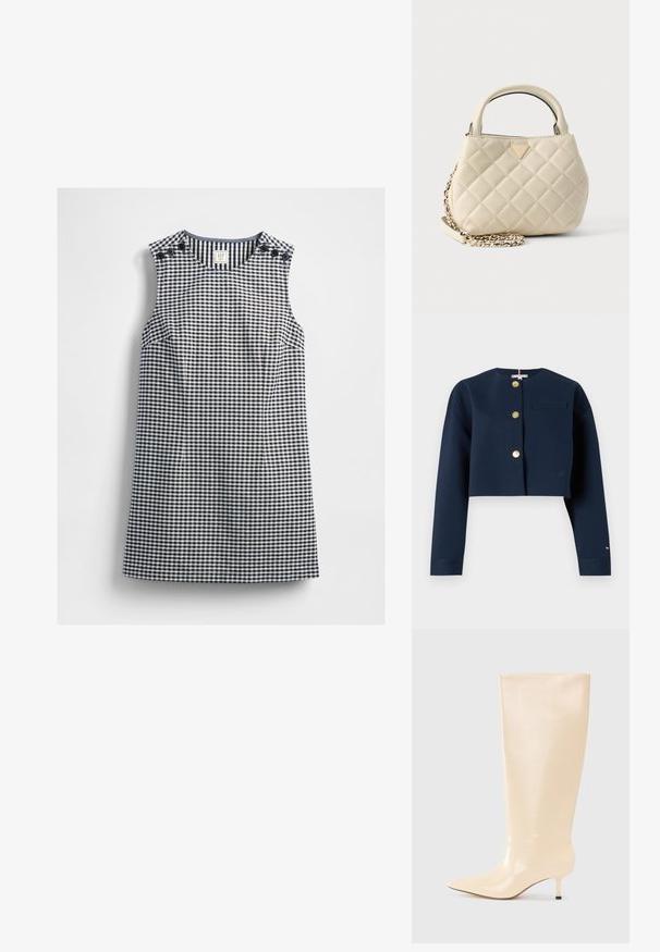 Veste cropped marine avec des boutons dorés, des coutures d'épaule, une petite poche poitrine et un discret logo sur la manche. Texture lisse.; Robe sans manches à carreaux vichy bleu marine et blanc avec un col rond et des détails de boutons sur les deux épaules, posée à plat sur un fond blanc.; Botte en cuir beige à hauteur de genoux avec une finition lisse et élégante, un bout pointu et un talon bas et élancé. Présente un design minimaliste sans accents visibles.; Petit sac à main matelassé beige avec des poignées arrondies et une bandoulière chaîne dorée posé sur un fond clair uni.
