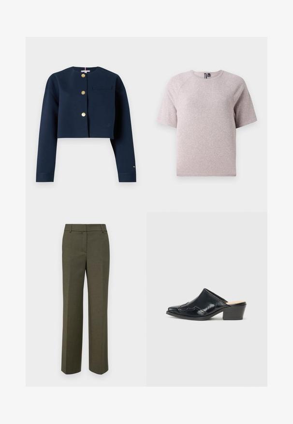 Veste cropped marine avec des boutons dorés, des coutures d'épaule, une petite poche poitrine et un discret logo sur la manche. Texture lisse.; T-shirt beige clair à manches courtes en tissu doux et texturé, avec un col rond et des manches raglan.; Pantalons ajustés vert olive en tissu texturé. Conception à jambes droites avec une taille plate et sans ornements visibles.; Mules en cuir verni noir avec un bout pointu, un design courbé et un petit talon bloc, ornés de piqûres décoratives sur le dessus.