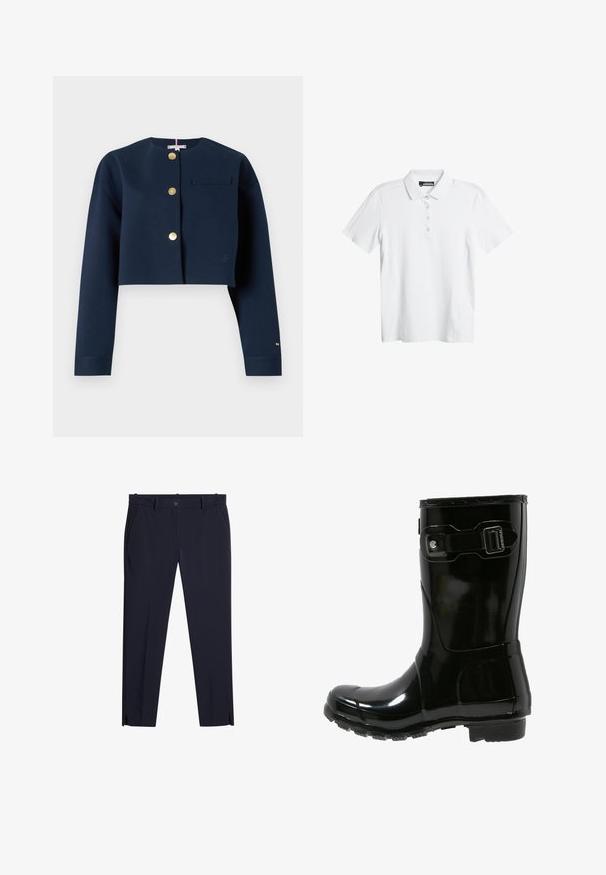 Marineblå cropped jakke med guld knapper, skuldersømme, en lille brystlomme og en diskret logo detalje på ærmet. Glat tekstur.; Hvid polo t-shirt med et diskrét bølgemønster, korte ærmer og en tre-knaps placket. Fremstillet af et glat, let stof.; Mænds mørkeblå slim-fit bukser med bælteholdere, forlommer, lynlås og små forreste benåbninger ved kanten.; Sort vandtæt gummistøvle til anklen med en blank finish, justerbar rem og spænde detaljer, tekstureret sål for godt greb.