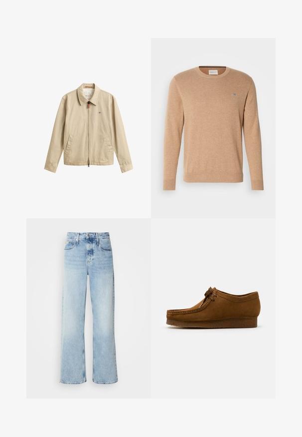Beige heren casual jas met rits aan de voorkant, puntkraag, twee voorzakken en een klein geborduurd logo op de borst.; Beige trui met een ronde hals, lange mouwen en ribgebreide boorden, met een klein geborduurd logo op de borst.; Lichtblauwe wijde jeans met een hoge taille, met een vervaagde afwerking, riemlussen en een klassieke vijf-pocketdesign. De zoom is ruig.; Bruine suède schoen met een ronde neus en een lage hak, gedetailleerde stiksels langs de naden en een vetersluiting aan de voorkant. Zachte textuur met een gestroomlijnd ontwerp.