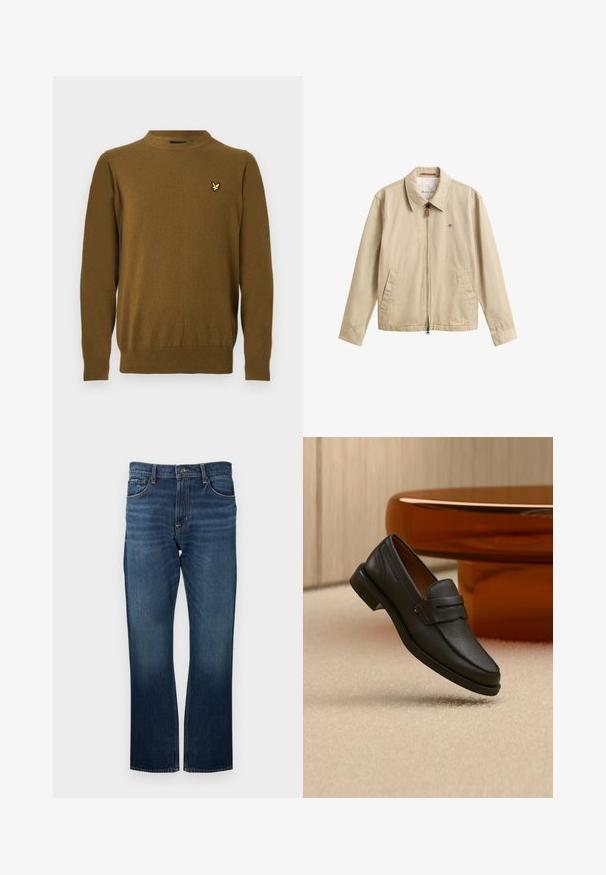 Veste casual beige pour homme avec fermeture éclair devant, col pointu, deux poches avant et petit logo brodé sur la poitrine.; Pull marron à manches longues et col rond avec des poignets et un ourlet côtelés, arborant un petit logo oiseau jaune sur le côté gauche de la poitrine.; Jean en denim bleu foncé avec une coupe droite, présentant des coutures visibles et une ceinture standard avec une fermeture à bouton en métal.; Mocassin homme en cuir noir avec une bande sur le dessus, présenté sur un tapis beige près d'une table ronde moderne marron.