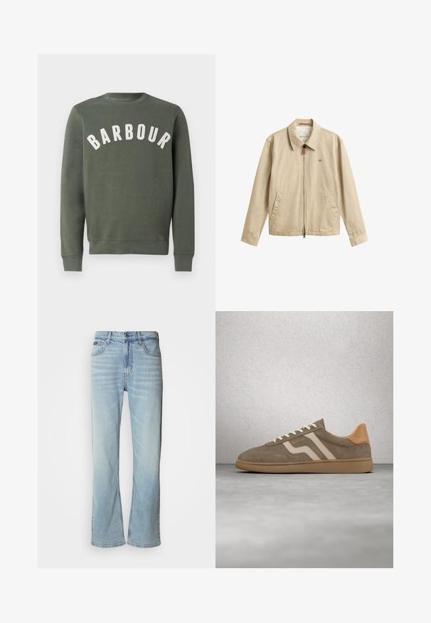 Beež meeste vabaaja jope lukuga ees, terava kraega, kahe eest taskuga ja väikese tikandiga logoga rinnal.; Barbour PREP LOGO CREW NECK - Pusa - thyme; Heledad sinised teksad sirge lõikega, mis sisaldavad viit taskut, nööbiga sulgemise ja kergelt kulunud ilmega kangast.; Pruun seemisnahast spordijalats beežide triipude, kreemjate paelte ja kummist tallaga, hõljuv halli põranda ja klaasplokkide seinaga taustal.