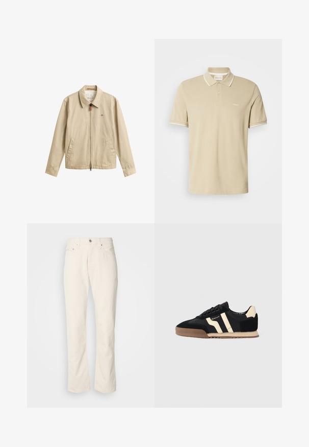 Beige heren casual jas met rits aan de voorkant, puntkraag, twee voorzakken en een klein geborduurd logo op de borst.; Beige polo met korte mouwen, witte bies aan de kraag en mouwen, een knoopsluiting met twee knopen, en een klein "GANT"-logo op de borst.; Beige katoenen jeans met een klassiek recht model, met een knoopsluiting aan de voorkant, vijf zakken en subtiele stikdetails.; Zwarte suède sneakers met beige accenten, voorzien van een rubberen zool, platte veters en een stijlvolle gestreepte ontwerp aan de zijkanten.