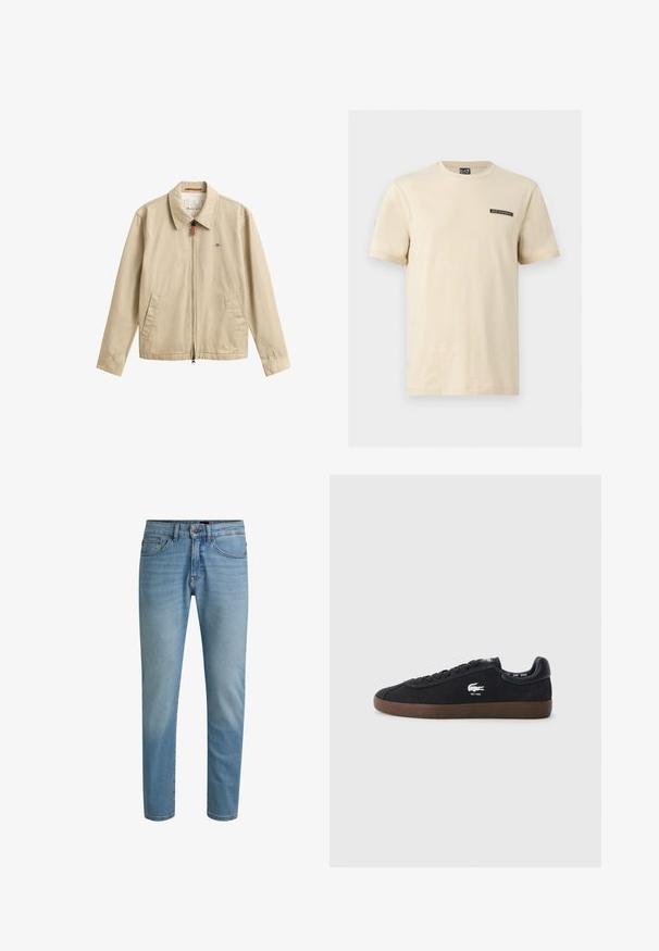 Beige herre casual jakke med lynlås foran, spidset krave, to forlommer og lille broderet logo på brystet.; Beige T-shirt med korte ærmer og rund hals med lille sort EA7 Emporio Armani-logo på venstre bryst.; Lyseblå denimjeans med lige ben, design med fem lommer og let falmning. Har knaplukning og bæltestropper.; Sorte ruskinds sneakers med gummisål, rund tå, snørebånd foran og et krokodille-logo på siden. Læderhælelementer i sort.