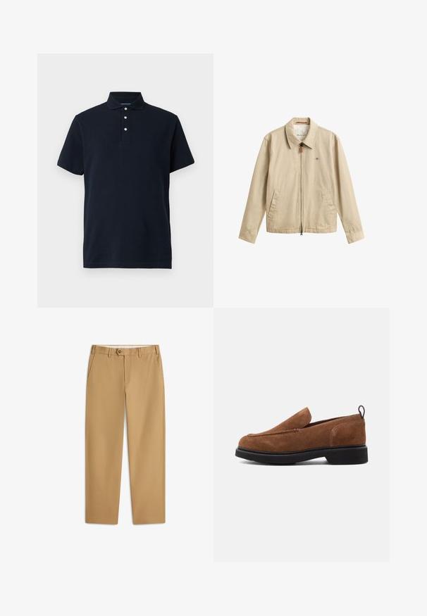 Beige heren casual jas met rits aan de voorkant, puntkraag, twee voorzakken en een klein geborduurd logo op de borst.; Marineblauwe polo met korte mouwen en een kraag, voorzien van drie witte knopen op de sluiting, weergegeven tegen een effen achtergrond.; Beige chino's met rechte pijpen, riemlussen, knoop aan de voorkant, ritssluiting en zijzakken met openingen, weergegeven op een witte achtergrond.; Bruine suede instappers met een ronde neus, zwarte rubberen zool en een kleine hak. Voorzien van decoratieve stiksels op de bovenkant.