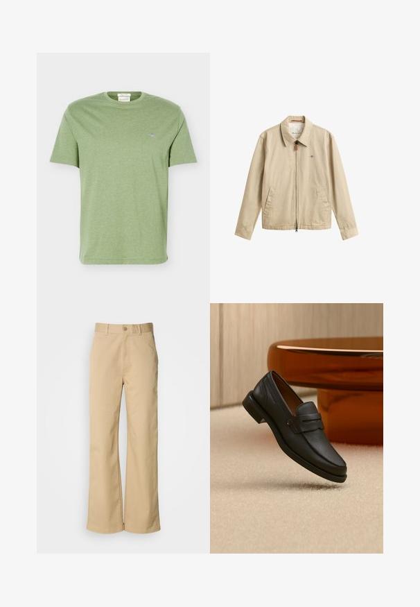 Veste casual beige pour homme avec fermeture éclair devant, col pointu, deux poches avant et petit logo brodé sur la poitrine.; T-shirt en coton vert clair à manches courtes, col rond et petit logo brodé sur la poitrine gauche.; Pantalon large beige en mélange coton. Fermeture par bouton et passants de ceinture. Texture lisse, avec des détails de couture minimaux.; Mocassin homme en cuir noir avec une bande sur le dessus, présenté sur un tapis beige près d'une table ronde moderne marron.