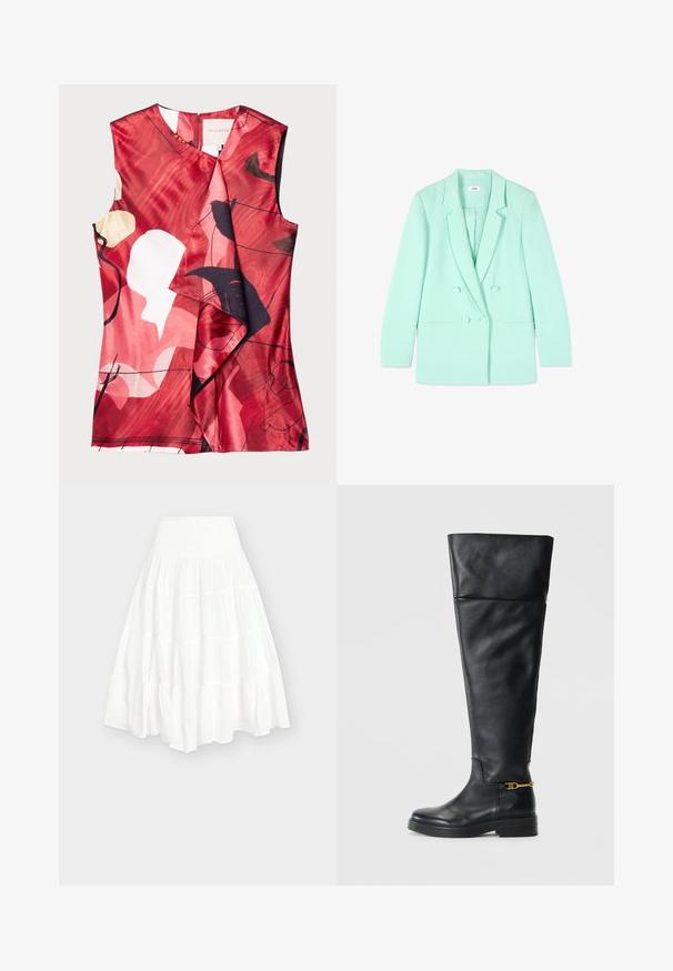 Minzgrüner, zweireihiger Blazer mit Kerbkragen, langen Ärmeln, zwei vorderen Knöpfen und eingesetzten Taschen, auf weißem Hintergrund präsentiert.; Rotes Satin-Oberteil mit abstrakten Blumenmustern in Schwarz und Creme. Verfügt über ein Wickeldesign und ärmellosen Schnitt, mit einem Reißverschlussverschluss auf der Rückseite.; Weißer, mehrstufiger Maxirock mit breitem, gerafftem Taillenbund und fließenden, gesammelten Stoffbahnen.; Schwarze Lederstiefel über das Knie mit einem eleganten Design, abgerundeter Spitze, niedriger Plateausohle und goldenen Akzenten in der Nähe des Knöchels.