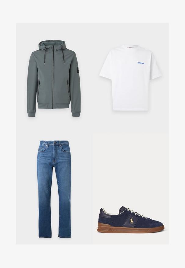 Hooded jacket in een gedempte grijze kleur, gemaakt van glad, rekbaar materiaal. Voorzien van een volledige rits, twee zijzakken en verstelbare koordjes.; Wit T-shirt met korte mouwen en ronde hals, met kleine blauwe tekst "Replay Café" op de linkerborst.; Blauwe spijkerbroek met een rechte pijp, knoopsluiting aan de voorkant, voor- en achterzakken en zichtbare stikdetails.; Marineblauwe lage sneaker met witte veters, bruine zool en Polo-spelerlogo aan de zijkant, gezien van links.