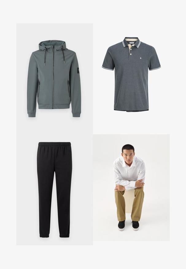 Veste à capuche de couleur grise atténuée, fabriquée en tissu lisse et extensible. Comprend une fermeture éclair intégrale, deux poches latérales et des cordons ajustables.; Polo pour homme en gris foncé avec un tissage texturé. Doté d'un col crème avec des rayures navy et d'une patte de boutonnage à trois boutons. Petit logo sur la poitrine.; Pantalons de survêtement noirs avec taille élastique, jambes fuselées et tissu texturé. Présente un détail de logo subtil sur le côté gauche.; Jeune homme en chemise blanche rayée et pantalon kaki assis penché en avant sur un tabouret, bras croisés, regardant droit devant sur un fond blanc.