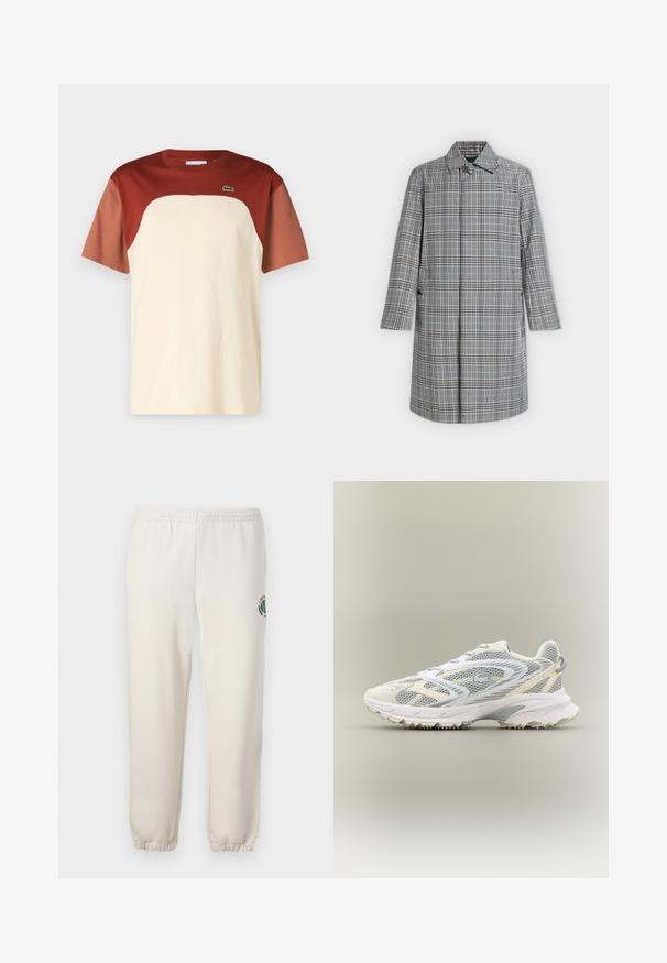 Harmaavalkoruudullinen pitkä takki, jossa on kaulus, napitettava etuosan suljenta, sivutaskut ja pieni krokotiililogo rinnassa.; Värgblockad t-shirt med en krämfärgad kropp och vinröda ärmar, rund halsringning och en liten grön logotyp på bröstet. Tillverkad av bomull.; Vaaleanbeiget collegehousut, jotka on valmistettu puuvillasta. Niissä on joustava vyötärö, ribbireunat sekä vihreä logo, jossa on lehtimuotoilu vasemmassa lahkeessa.; Valkoinen urheilukenkä, jossa on harmaat verkkomateriaalit, tekstuuripinnoitteet, pehmustettu kaulus ja kumipohja, jossa on pieniä pitoispiikkejä.