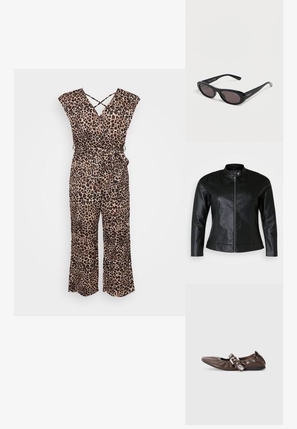 Schwarze Lederjacke mit rundem Kragen, Frontreißverschluss und zwei Seitentaschen. Glatte Textur mit leichtem Glanz und taillierter Passform.; Leopardenmuster-Jumpsuit aus leichtem Material; verfügt über ein Wickeldesign, kurze Ärmel und eine taillierte Taille mit einer Bindeschleife sowie weit ausgestellten Beinen.; Braunes Lackleder-Ballerina mit spitzem Zeh, elastischem Schleifendetail und silberner Schnallenakzent an der Seite. Schwarze Gummisohle.; Schwarze ovale Vogue-Sonnenbrille mit dunkel getönten Gläsern und glänzenden Rahmen, die auf einer weißen Oberfläche liegen.