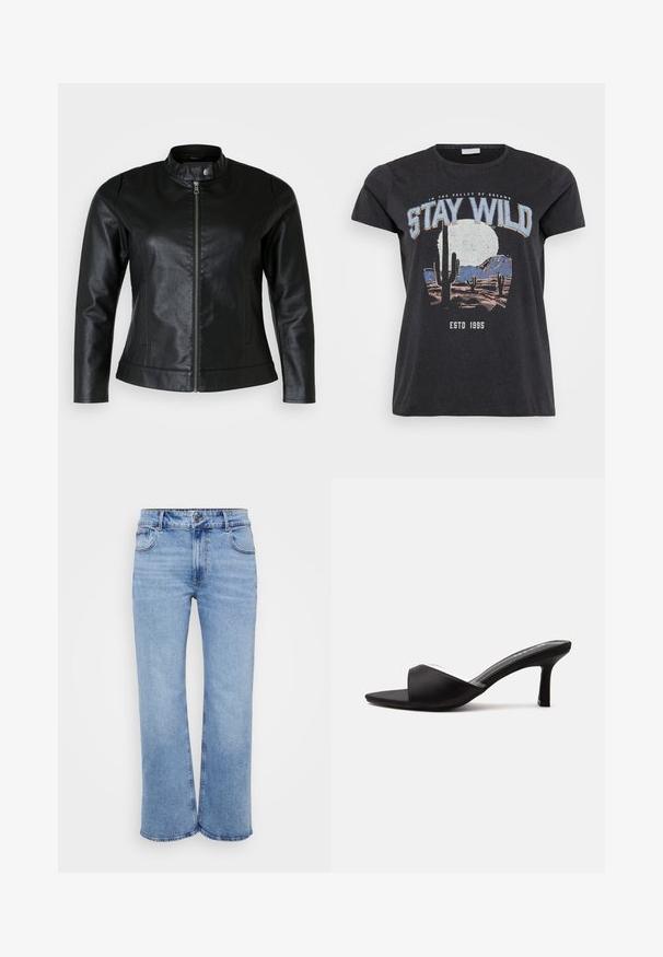 Sort læderjakke med rund krave, frontlynlås og to sidelommer. Glat tekstur med let glans og tætsiddende design.; Sort bomulds t-shirt med et grafisk print af en ørken-scene med kaktusser, en måne og sætningen "STAY WILD" i blå skrifttype.; Lysblå vidde jeans lavet af denim, med fem lommer, en frontlynlås og en knaplukning. Subtile syninger langs sømmene.; Sort åben-tå mule sko med en mellemhøj slank hæl og en bred rem over fronten, vist fra siden på en ensfarvet baggrund.