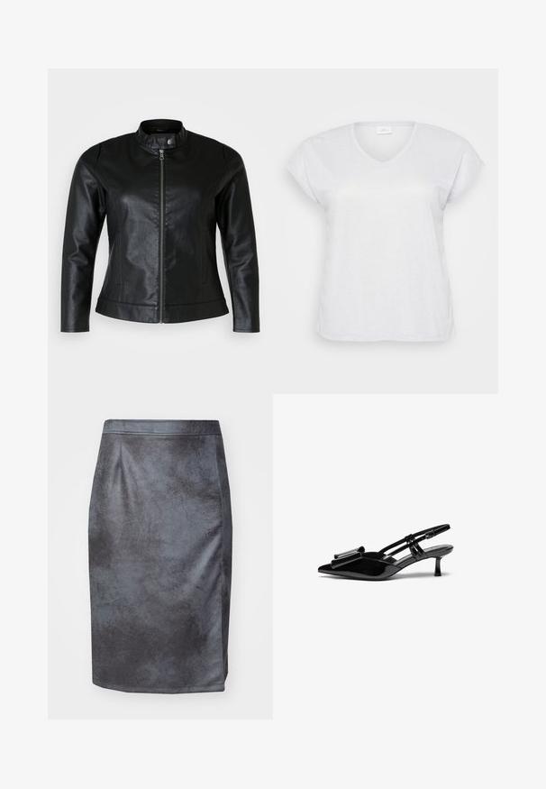 Schwarze Lederjacke mit rundem Kragen, Frontreißverschluss und zwei Seitentaschen. Glatte Textur mit leichtem Glanz und taillierter Passform.; Weißes, kurzärmliges V-Ausschnitt-T-Shirt mit einem subtilen Schimmer-Effekt, das einen lässigen Schnitt aufweist und keine sichtbaren Muster oder Akzente hat.; Grauer Kunstleder-Bleistiftrock mit glatter Textur, hoher Taille und Schlitzdetail auf der linken Seite. Keine sichtbaren Verschlüsse oder Muster.; Schwarze Lackleder-Slingbacks mit spitzer Zehenpartie, einer Schleifendetail an der Vorderseite und einem kleinen Stiletto-Absatz. Die Riemen haben verstellbare Schnallen.