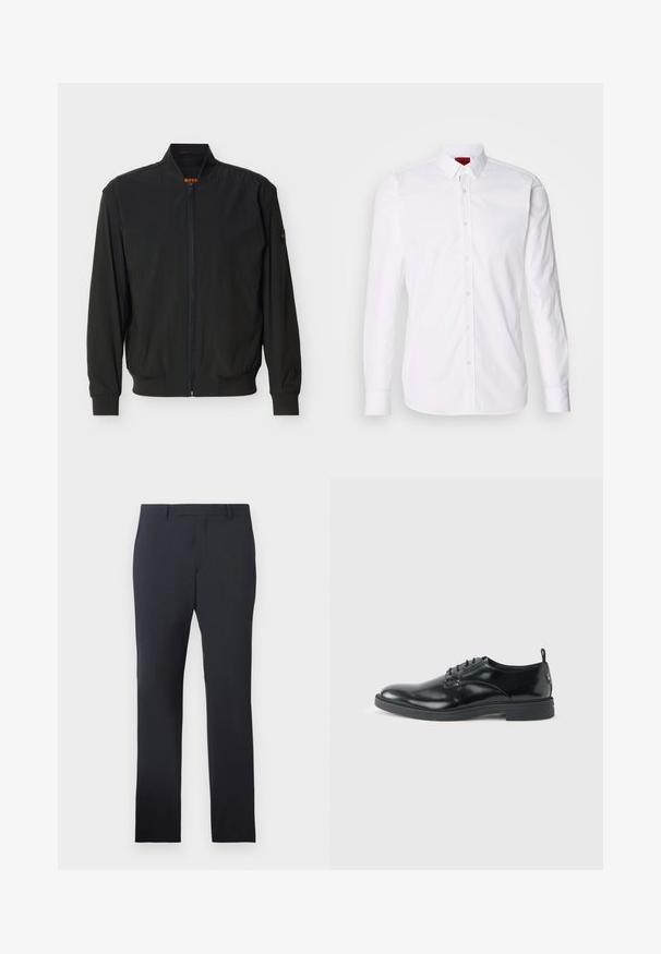 Musta kevyt bomber-takki vetoketjulla, resorikaulus, hihansuut ja helma sekä hillitty logo kauluksessa ja hihassa.; Valkoinen pitkähihaisen napitettava paita, jossa on klassinen kaulus, etupaneeli napilla ja sileä puuvillakangas.; Navy muodolliset housut, jotka on valmistettu sileästä kankaasta. Ominaisuuksina litteä etuosa, vyölenkit ja sivutaskut, ja ne ovat muotoiltu suoraan jalkaistuviksi.; Kiiltävä musta nahkainen juhla-kenkä, jossa on matala korko, nauhakiinnitys ja pyöreä kärki, esitetty sivulta vaalealla yksivärisellä taustalla.