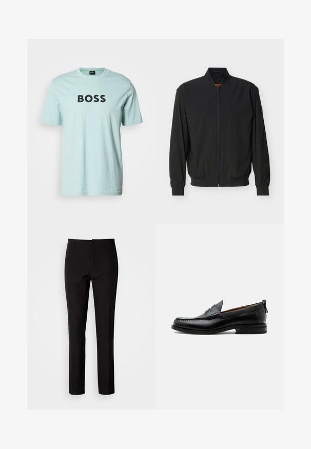 Veste bomber légère noire avec fermeture éclair, col, poignets et ourlet côtelés, et logo discret sur le col et la manche.; T-shirt en coton bleu clair avec un col rond et des manches courtes. Porte le mot "BOSS" en lettres noires épaisses sur la poitrine.; Pantalon noir en tissu lisse, avec coupe droite, fermeture à boutons sur le devant et poches latérales discrètes. Look simple et ajusté.; Mocassin homme en cuir noir avec couture moc toe, bride penny, col texturé et petit talon empilé sur fond blanc.