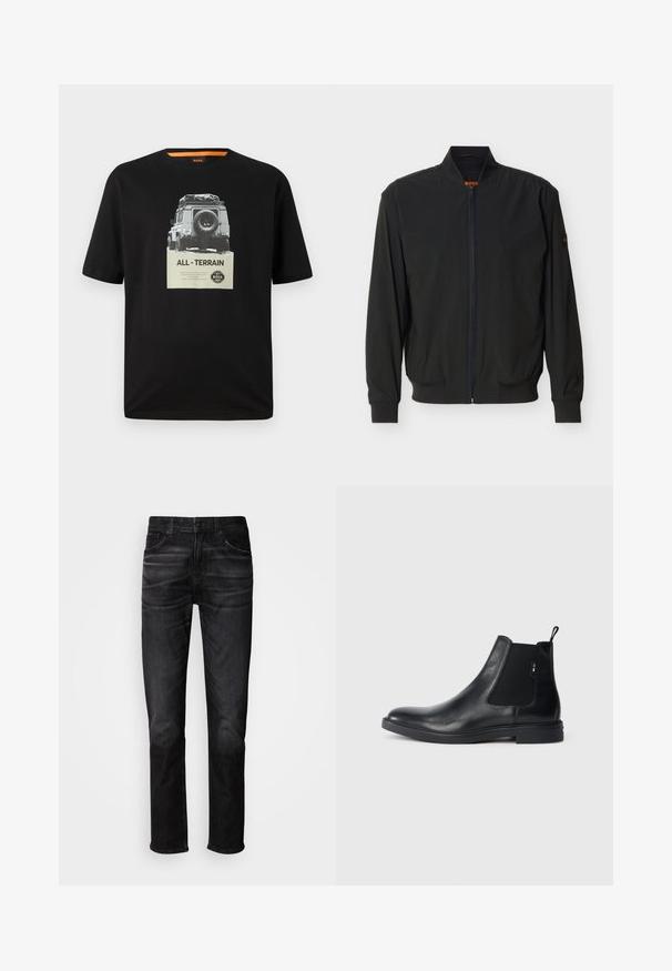 Sort letvægts bomberjakke med lynlåslukning, ribbet krave, manchetter og kant, samt diskret logo på kraven og ærmet.; Sort bomulds T-shirt med rund hals, der har et grafisk print af et klassisk køretøj og teksten "ALL - TERRAIN" på brystet.; Sorte denimjeans med lige pasform, fem-lomme-design, subtil forvaskning og knaplukning. Klassisk stil, der passer til afslappet brug.; Sorte læder Chelsea støvler med elastiske sidepaneler, en pull-tab og en flad gummisål. Glat tekstur med minimal detaljer.