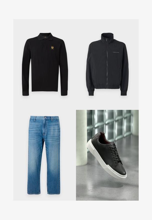 Čierna ľahká bunda s predným zipsom a vysokým golierom. Má elastické manžety a lem, s logom "TOMMY JEANS" v bielej farbe na hrudi.; Čierna polo košeľa s dlhým rukávom vyrobená z bavlny. Má klasický golier, zapínanie na tri gombíky a zlatý emblém na ľavej hrudi.; Svetlomodré denimové džínsy so stredným strihom, dizajnom s piatimi vreckami, zapínaním na gombík a jemným vyblednutím na prednej strane. Bez viditeľných vzorov.; Čierna kožená teniska s hrubou bielou podrážkou a čiernymi šnúrkami, ktorá pláva nad sivou betónovou podlahou pri stene zo sklenných blokov.