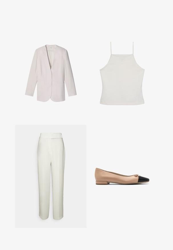 Lichtbeige damesblazer met een diepe V-hals, lange mouwen en twee voorzakken met bies, plat gelegd tegen een witte achtergrond.; Witte mouwloze crop top met dunne bandjes en een subtiel "cK"-logo geborduurd op de borst, effen achtergrond.; Halston KARTER WEDDING PANT - Broek - chalk; Beige leren balletschoen met een zwarte neus en een klein strikje aan de voorkant, voorzien van een lage blokhak voor extra steun.
