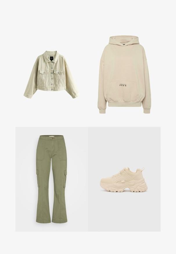 Chaqueta vaquera beige recortada con cierre de botones, dos bolsillos en el pecho con botones, bolsillos laterales con aberturas y un cuello clásico.; Sudadera con capucha beige con bolsillo frontal, puños acanalados y capucha con cordón. Texto "PECADOR PGDR" impreso en el área del bolsillo.; Abercrombie & Fitch RELAXED WAIST PANT - Pantalones cargo - dusty olive; Buffalo GALACTICA - Zapatillas - cream
