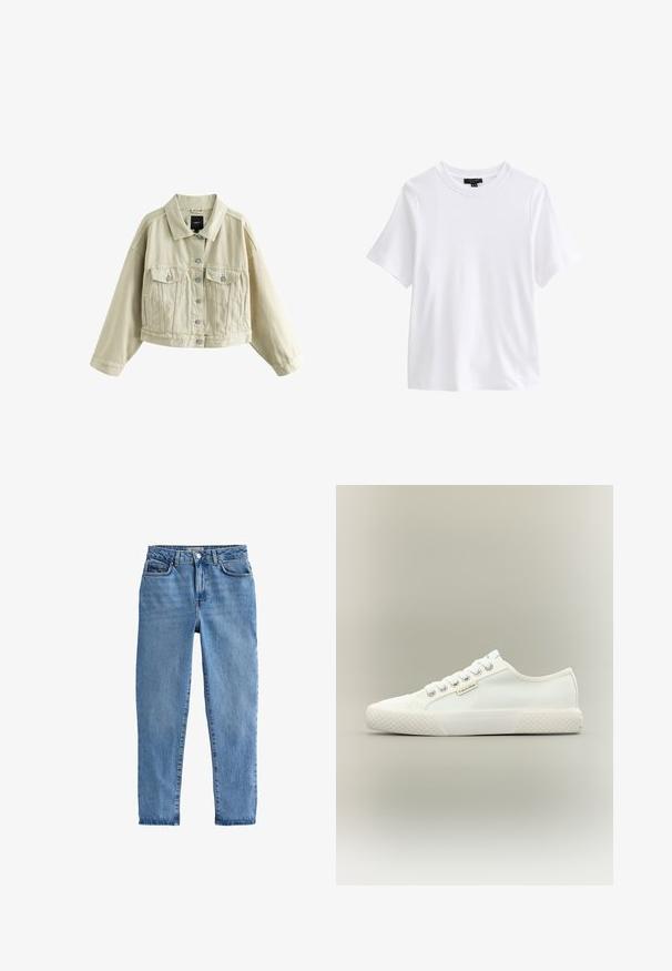 Beige cropped spijkerjack met knopen aan de voorkant, twee borstzakken met knopen, zijzakken met split en een klassieke kraag.; Effen wit T-shirt met korte mouwen en ronde hals met een zwart kledinglabel aan de binnenkant van de kraag op een witte achtergrond.; Lichtblauwe denim jeans met een hoge taille, recht gesneden pijpen, vijf zakken en een enkele knoopsluiting aan de voorkant.; Witte lage canvas sneaker met een getextureerde rubberen zool, witte veters en een klein Calvin Klein-label aan de zijkant.