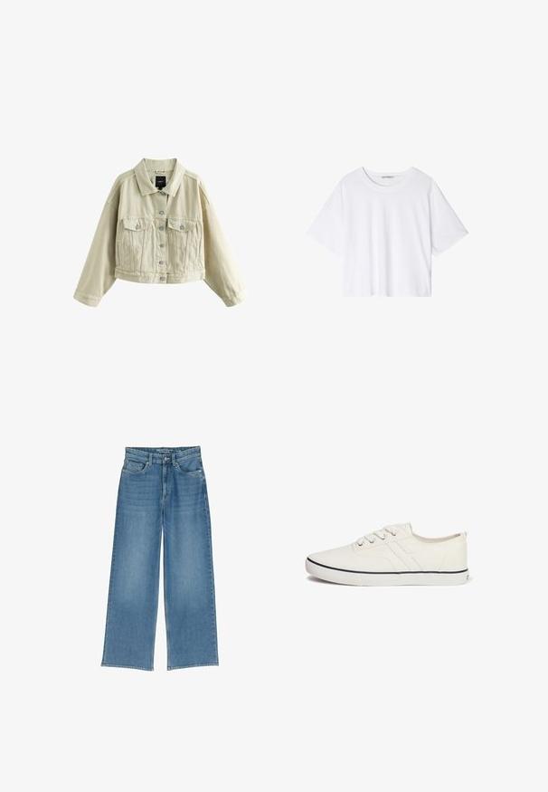 Beige cropped Jeansjacke mit Knopfleiste vorne, zwei Brusttaschen mit Knöpfen, seitlichen Einschubtaschen und klassischem Kragen.; Weißes, kurzgeschnittenes T-Shirt aus Baumwolle mit kurzen Ärmeln, rundem Ausschnitt und legerer Passform, präsentiert vor einem schlichten weißen Hintergrund.; Helle blaue weit geschnittene Denim-Jeans mit hoher Taille, fünf Taschen und sichtbaren Nähten; der Stoff hat eine leicht strukturierte Oberfläche.; Weiße Leinenschuhe mit einem flachen Design, runder Zehenpartie, sechs Ösen, marineblauem Akzentstreifen und strukturiertem Gummisohlen.