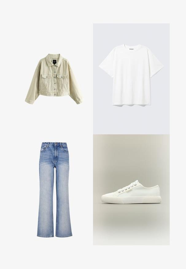 Beige cropped denimjakke med knaplukning foran, to brystlommer med knaplukning, sidelommer med slidser og en klassisk krave.; Hvid T-shirt med korte ærmer og rund halsudskæring med en afslappet pasform og et "WEEKDAY" mærke på indersiden af nakken bagtil.; Lys blå denim bred-benede jeans har høj talje, knaplukning, diskret slidmærker og et klassisk fem-lomme design.; Hvid lavtopet lærreds-sneaker med tekstureret gummisål, hvide snørebånd og lille Calvin Klein-mærke på siden.