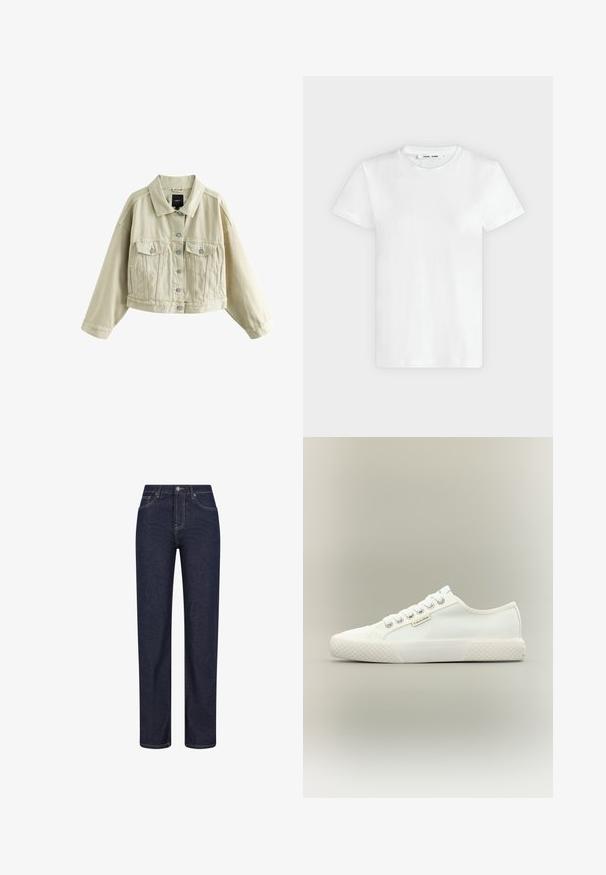 Beige cropped denimjakke med knaplukning foran, to brystlommer med knaplukning, sidelommer med slidser og en klassisk krave.; En simpel hvid T-shirt med korte ærmer og rund hals lagt fladt på en lys grå baggrund, hvor forsiden med label inde i halsen vises.; Mørkeblå jeans med lige ben, forlommer, bæltestropper og en knaplukning i taljen.; Hvid lavtopet lærreds-sneaker med tekstureret gummisål, hvide snørebånd og lille Calvin Klein-mærke på siden.