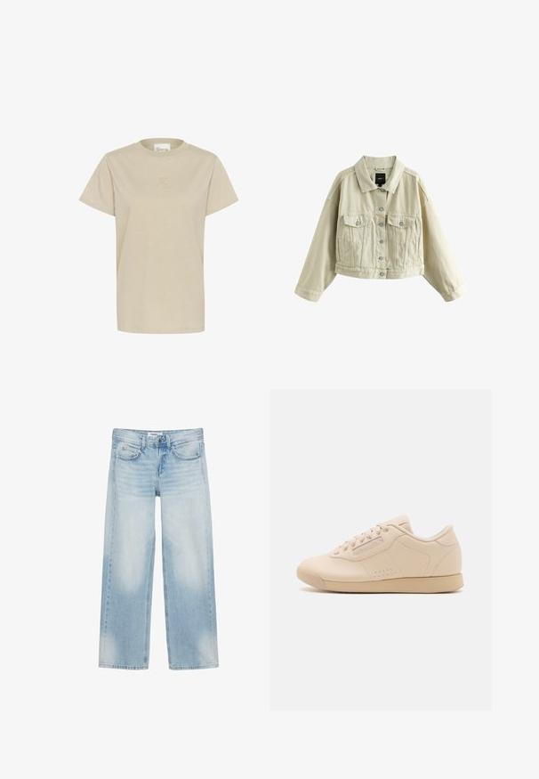 Beige cropped denimjakke med knaplukning foran, to brystlommer med knaplukning, sidelommer med slidser og en klassisk krave.; Lys beige T-shirt med korte ærmer lavet af blødt stof. Den har en rund hals og et diskret præget logo på brystet.; Lyseblå jeans med vide ben, fem lommer, bæltestropper, knaplukning og diskret farvefade på forreste lår og knæ.; Lysebrune læder sneakers med rund tå, flad gummisål, seks snørrehuller og subtile perforeringer langs siderne. Enkel, strømlinet design.