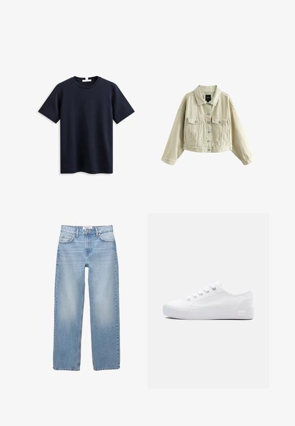 Beige cropped denimjakke med knaplukning foran, to brystlommer med knaplukning, sidelommer med slidser og en klassisk krave.; Marineblå kortærmet T-shirt lavet af blødt bomuld, med en klassisk rund hals og en afslappet pasform, uden synlig branding eller mønstre.; Lyseblå denimbukser med lige ben, fem-pockets stil og synlige syninger. Stofmaterialet har en blød, let falmet tekstur.; Hvid lavt snøresko i lærred med hvide snørebånd, gummisål og Lee-brandlogo på hælsiden.