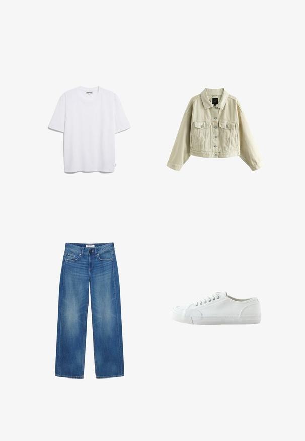 Beige cropped denimjakke med knaplukning foran, to brystlommer med knaplukning, sidelommer med slidser og en klassisk krave.; Hvid bomulds t-shirt med korte ærmer, rund halsudskæring og en afslappet pasform. Ingen synlige mønstre eller logoer. Glat tekstur.; Blå vidde jeans med forlommer, bæltestropper, knaplukning og diskret falmet detalje på lår og knæ.; Hvid lavtop canvas-sneaker med snørebånd foran, gummisål og struktureret tåhætte, vist fra ydersiden mod en hvid baggrund.