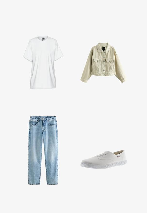 Beige cropped spijkerjack met knopen aan de voorkant, twee borstzakken met knopen, zijzakken met split en een klassieke kraag.; Witte katoenen T-shirt met een ronde hals, korte mouwen en een losse pasvorm. Voorzien van subtiele stikdetails en een label bij de kraag.; Lichtblauwe denim jeans met een relaxte pasvorm. Beschikt over vier zakken, een klassieke knoopsluiting en minimale vervaging voor een uniforme textuur.; Witte canvas sneakers met ronde neus, vetersluiting, gestructureerde rubberen zool en subtiele merkaanduiding. Glad stoffen afwerking.