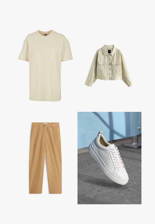 Veste en denim beige courte avec fermeture boutonnée devant, deux poches poitrine à boutons, poches latérales fendues et col classique.; T-shirt à col rond de couleur crème en coton doux. Il présente des manches courtes et une coupe décontractée, sans motifs ni accents visibles.; Pantalon beige décontracté à jambes droites avec poches latérales, passants pour ceinture, fermeture par bouton et braguette zippée.; Baskets blanches en cuir avec des lacets plats, bout rond, semelle en caoutchouc et une petite languette au talon. Texture lisse avec des détails de design minimalistes.