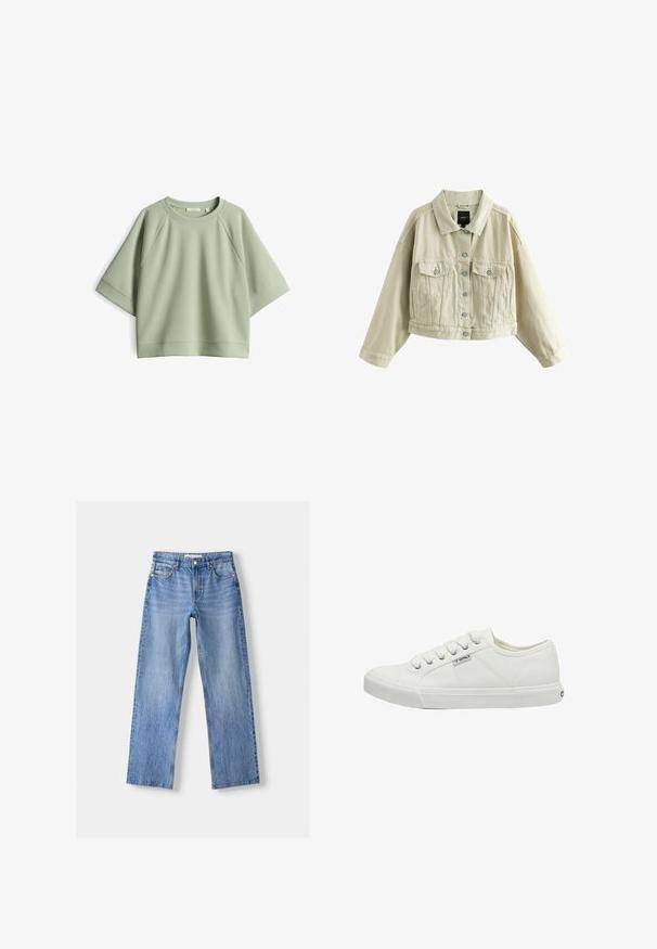 Beige cropped spijkerjack met knopen aan de voorkant, twee borstzakken met knopen, zijzakken met split en een klassieke kraag.; Lichtgroen oversized sweatshirt met een ronde hals, raglanmouwen en een zachte textuur. Heeft een geribbelde hals en zoom.; Lichtblauwe denim jeans met een rechte pasvorm, voorzien van vijf zakken, een knoopsluiting aan de voorkant en subtiele vervaging voor textuur.; Witte canvas sneakers met ronde neus, zes veters, textuur zijpanelen en rubberen zool. Klein merkje aan de zijkant.