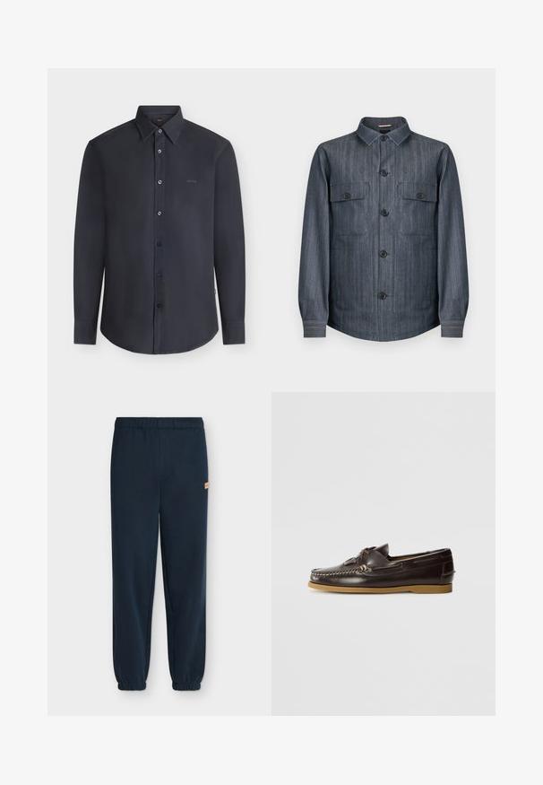 Veste-chemise boutonnée à manches longues de couleur gris foncé, avec deux poches avant à rabat, boutons noirs et col pointu.; Chemise noire à manches longues boutonnée avec col, avec le logo « BOSS » sur la poitrine, présentée sur un fond clair uni.; Pantalon de survêtement bleu marine avec taille et poignets élastiques, avec un petit patch logo beige sur la hanche droite, présenté sur un fond clair.; Hereu SALER NAUTIC - Chaussures bateau - dark brown