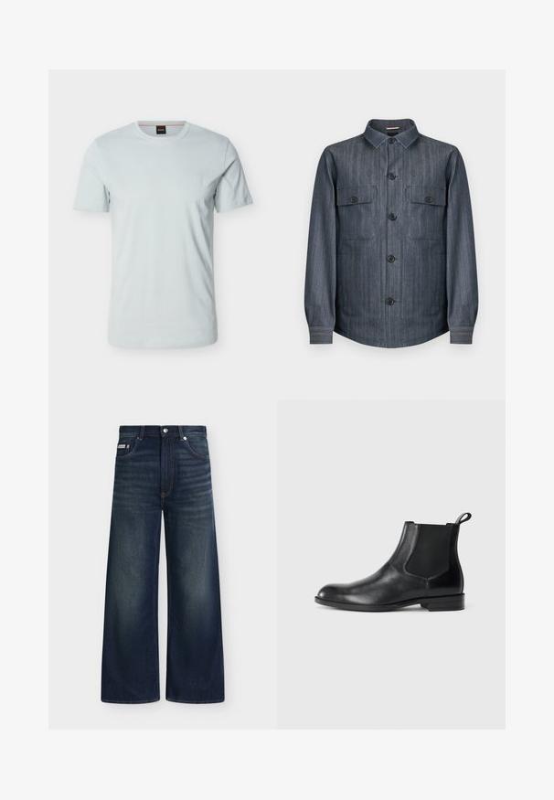 Veste-chemise boutonnée à manches longues de couleur gris foncé, avec deux poches avant à rabat, boutons noirs et col pointu.; T-shirt bleu clair à manches courtes avec un petit logo ton sur ton sur la poitrine gauche et une étiquette noire à l'intérieur du col.; Jean en denim bleu foncé à jambes larges avec poches avant, passants de ceinture, fermeture par boutons et légère décoloration sur les cuisses et les genoux.; Bottine en cuir noir avec des panneaux latéraux élastiques, bout rond et tirette. Texture lisse, semelle plate, design minimaliste.