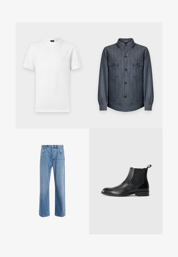 Veste-chemise boutonnée à manches longues de couleur gris foncé, avec deux poches avant à rabat, boutons noirs et col pointu.; T-shirt blanc à manches courtes et col rond, avec une subtile texture côtelée verticale, présenté sur un fond gris clair uni.; Jeans en denim bleu clair avec une coupe droite, cinq poches, fermeture à bouton, peu d'usure et des détails de couture contrastés.; Bottine en cuir noir avec des panneaux latéraux élastiques, bout rond et tirette. Texture lisse, semelle plate, design minimaliste.