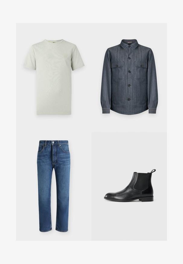 Veste-chemise boutonnée à manches longues de couleur gris foncé, avec deux poches avant à rabat, boutons noirs et col pointu.; T-shirt vert clair à manches courtes en coton doux et lisse, avec un col rond et une petite étiquette logo sur la poitrine gauche.; Jean en denim bleu coupe droite avec fermeture avant par bouton et zip, poches avant et passants de ceinture sur un fond uni.; Bottine en cuir noir avec des panneaux latéraux élastiques, bout rond et tirette. Texture lisse, semelle plate, design minimaliste.