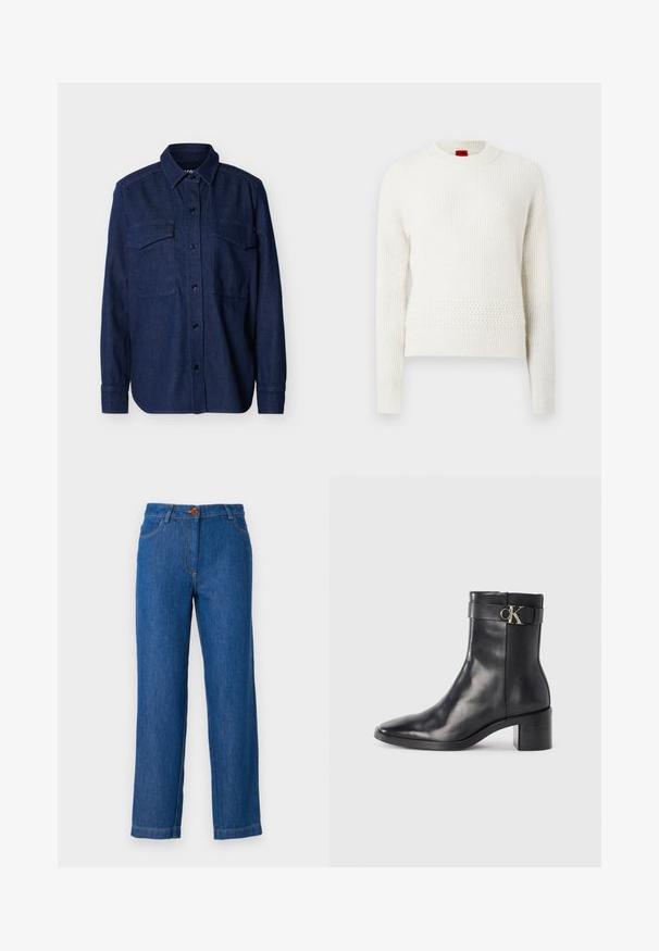 Dunkelblaues Denim-Hemd mit langen Ärmeln, Knopfleiste vorne, spitzem Kragen und zwei Brusttaschen mit Klappe auf einfarbigem Hintergrund.; Weißer Strickpullover mit langen Ärmeln, rundem Ausschnitt, strukturierten Mustern und einem leicht lockeren Sitz. Rotes Markenschild am Kragen sichtbar.; Blaue Jeans aus Denim mit geradem Schnitt, ausgestattet mit einem Frontknopfverschluss, Gürtelschlaufen und sichtbaren Nähten entlang der Nähte.; Schwarze Leder-Ankle Boots mit spitzem Zehenbereich, Blockabsatz und einem Riemen mit einem metallischen Logodetail. Glatte Textur und minimales Design.