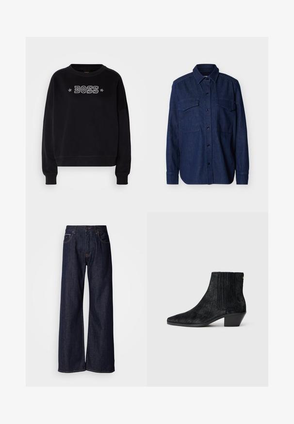 Chemise en denim bleu foncé à manches longues, boutonnée avec col pointu et deux poches à rabat sur la poitrine, sur un fond uni.; Sweatshirt noir avec un col rond et des manches longues. Il présente un logo "BOSS" brodé et des accents d'étoiles sur le devant.; Jean en denim noir à jambes larges et taille haute, avec poches avant et détails de couture subtils. Texture lisse avec une coupe classique.; Bottine noire à bout pointu, en matériau texturé imitant les cheveux, avec un panneau latéral à nervures et un petit talon carré. Un design simple et moderne.