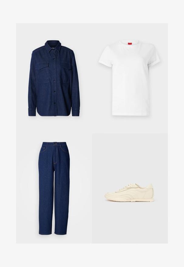 Dunkelblaues Denim-Hemd mit langen Ärmeln, Knopfleiste vorne, spitzem Kragen und zwei Brusttaschen mit Klappe auf einfarbigem Hintergrund.; Weißes Kurzarm-T-Shirt aus leichtem Baumwollstoff. Hat einen runden Halsausschnitt und umgeschlagene Ärmel. Rotes Logo-Tag am Kragen.; Dunkelblaue Denim-Hosen im weiten Schnitt mit hoher Taille, ausgestattet mit orangefarbenen Nähten, Vorderaschen und einem Knopfverschluss. Glatte Textur mit feinen Sprenkeln.; Niedrig geschnittener, cremefarbener Sneaker mit wellenförmiger Naht, Schnürverschluss und einer profilierten Sohle, seitlich auf einem einfarbigen Hintergrund dargestellt.