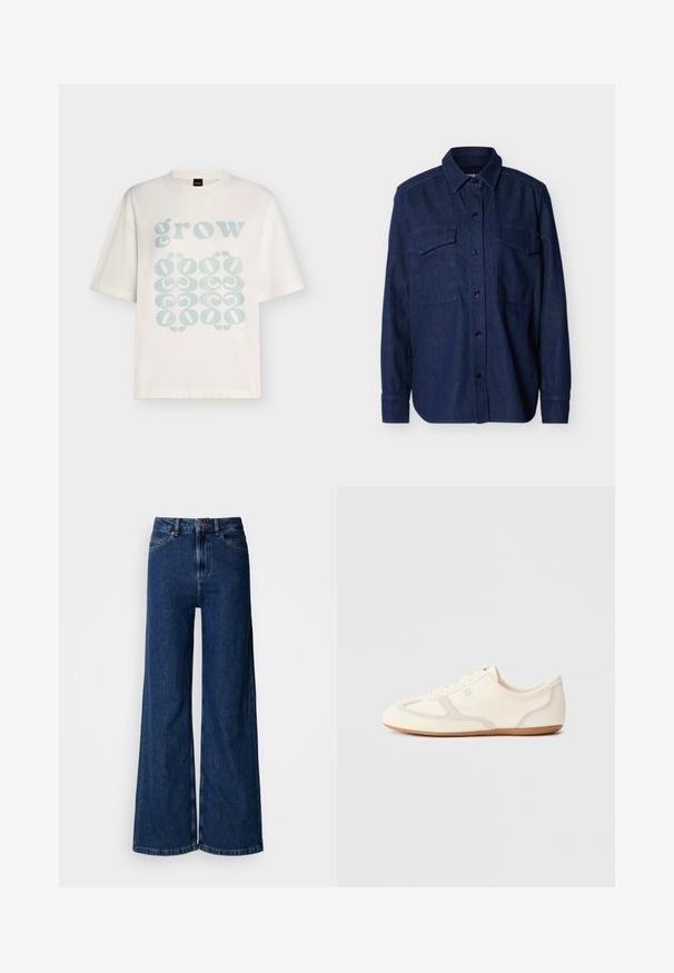Chemise en denim bleu foncé à manches longues, boutonnée avec col pointu et deux poches à rabat sur la poitrine, sur un fond uni.; T-shirt blanc à manches courtes avec texte bleu clair « grow » et motifs décoratifs abstraits en bas sur le devant.; Jean large à lavage foncé en denim, doté d'une taille haute, d'un design classique à cinq poches et de détails de couture subtils le long des coutures.; Baskets couleur crème avec une tige en daim et tissu, un bout arrondi, et une semelle en caoutchouc avec un détail accent beige. Fermeture à lacets.
