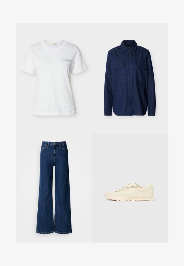 Chemise en denim bleu foncé à manches longues, boutonnée avec col pointu et deux poches à rabat sur la poitrine, sur un fond uni.; T-shirt blanc à manches courtes et col rond avec un petit texte noir "GANT American Sportswear New Haven" sur le côté gauche de la poitrine.; Jean large à lavage foncé en denim, doté d'une taille haute, d'un design classique à cinq poches et de détails de couture subtils le long des coutures.; Baskets basses de couleur crème avec des coutures ondulées, une fermeture à lacets et une semelle crantée, vues de côté sur un fond uni.