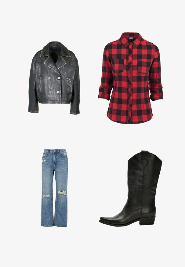 Sort cropped læderjakke med brede revers, dobbeltradet knaplukning og to forlommer, falmet detaljering på kanterne.; Rød- og sortternet flannel skjorte, lange ærmer med opsmøgede manchetter, spidse krave, to brystlommer, knaplukning fortil, blød tekstur.; Lyseblå denim jeans med højtalje, bred benpasform, slidte huller ved knæene og klassisk fem-lomme design.; Sorte læder cowboy støvler med spids tå, diskrete syninger og en stablet hæl. Har en høj skaft og en trækflige.