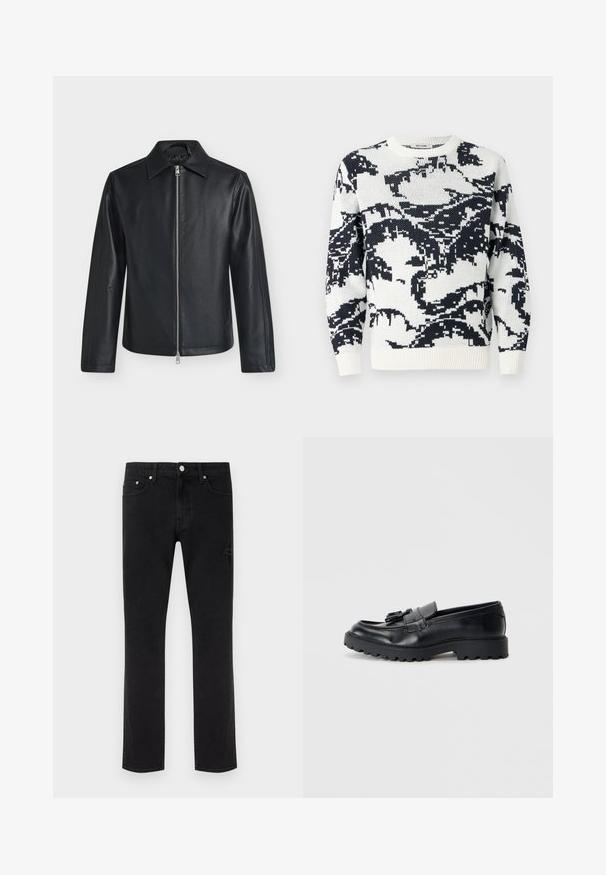 Veste en cuir noire avec fermeture éclair argentée à l'avant, manches longues et col pointu sur un fond clair uni.; Pull en maille à col rond couleur crème avec un motif abstrait noir. Présente des poignets et un ourlet côtelés, confectionné dans un tissu doux et texturé.; Jeans noirs à jambes droites avec cinq poches et des détails délicatement usés sur un fond clair uni.; Mocassins en cuir noir avec une finition brillante, semelle en caoutchouc épaisse et détail de frange décoratif à l'avant.