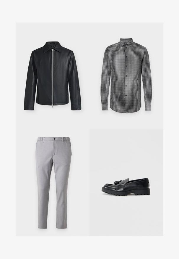 Veste en cuir noire avec fermeture éclair argentée à l'avant, manches longues et col pointu sur un fond clair uni.; Chemise à manches longues à carreaux noirs et blancs avec un col boutonné, offrant une coupe régulière et une fermeture à boutons sur le devant. Tissu texturé.; Chinos grises en tissu au toucher lisse, dotés d'une taille élastique, de poches latérales et d'un design ajusté.; Mocassins en cuir noir avec une finition brillante, semelle en caoutchouc épaisse et détail de frange décoratif à l'avant.