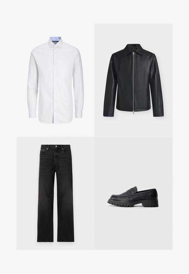 Veste en cuir noire avec fermeture éclair argentée à l'avant, manches longues et col pointu sur un fond clair uni.; Chemise de ville blanche pour homme à manches longues avec un motif à carreaux subtil, col intérieur bleu, devant boutonné et col pointu.; Jean noir droit avec cinq poches, passants pour ceinture et fermeture par bouton, présenté sur un fond blanc.; Mocassins en cuir noir avec un bout arrondi, présentant une sangle décorative et une semelle en caoutchouc épaisse avec de profonds crampons pour une meilleure adhérence.