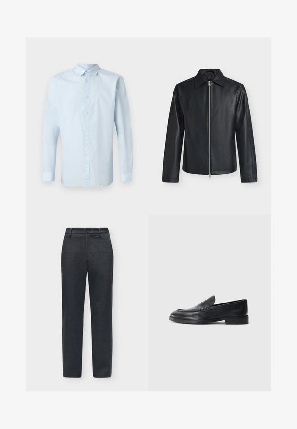 Chaqueta de cuero negra con cremallera frontal plateada, mangas largas y cuello puntiagudo sobre un fondo claro y liso.; Camisa de manga larga azul claro hecha de tela suave, con frente de botones, cuello estándar y puños abotonados.; Pantalones de pierna recta de color gris oscuro con trabillas para cinturón y cierre de botón, mostrados planos sobre un fondo blanco.; Mocasines de cuero negro con una textura suave, puntera redondeada, detalles de costura sutil y un tacón bajo en bloque para mayor soporte.